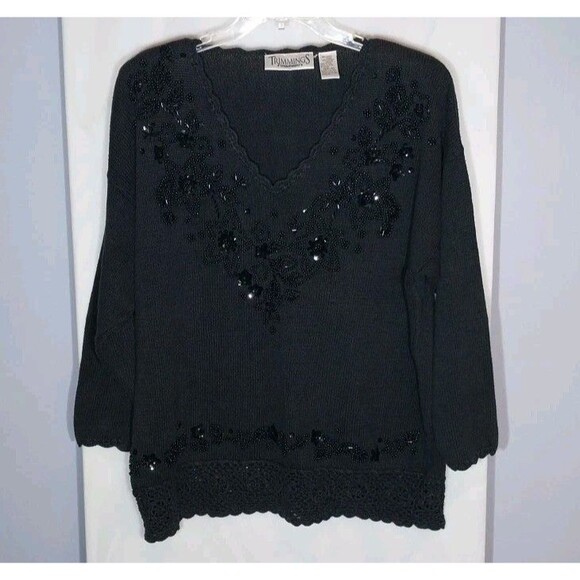 Vintage Trimmings Sweater Sz 22W/42 Black Beaded Floral Crochet Trim Grandmacore - Picture 1 of 8